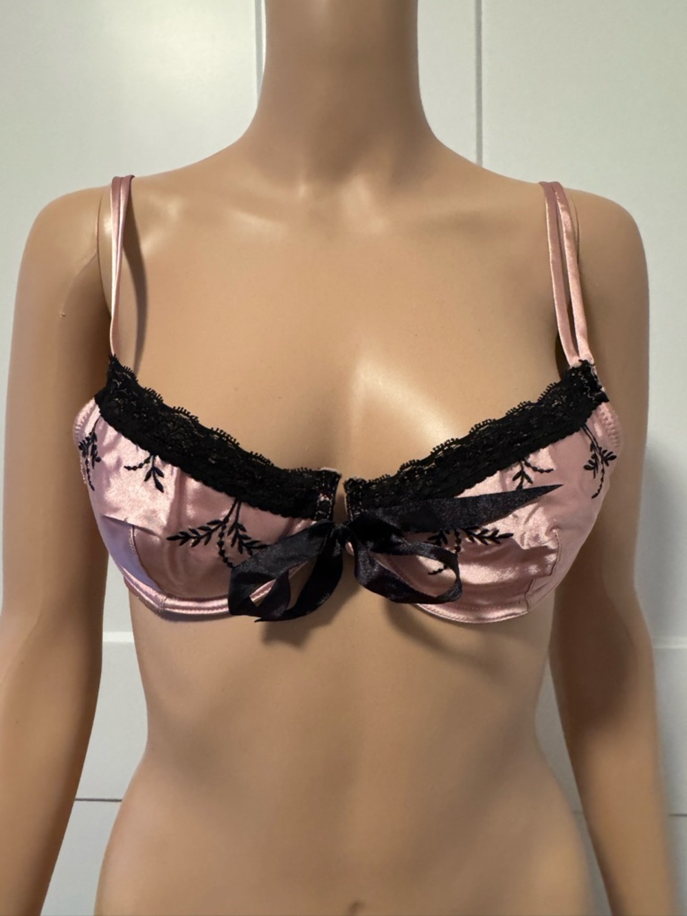 Sophie B Satiny Pink Black Lace Balconette Bra 34A